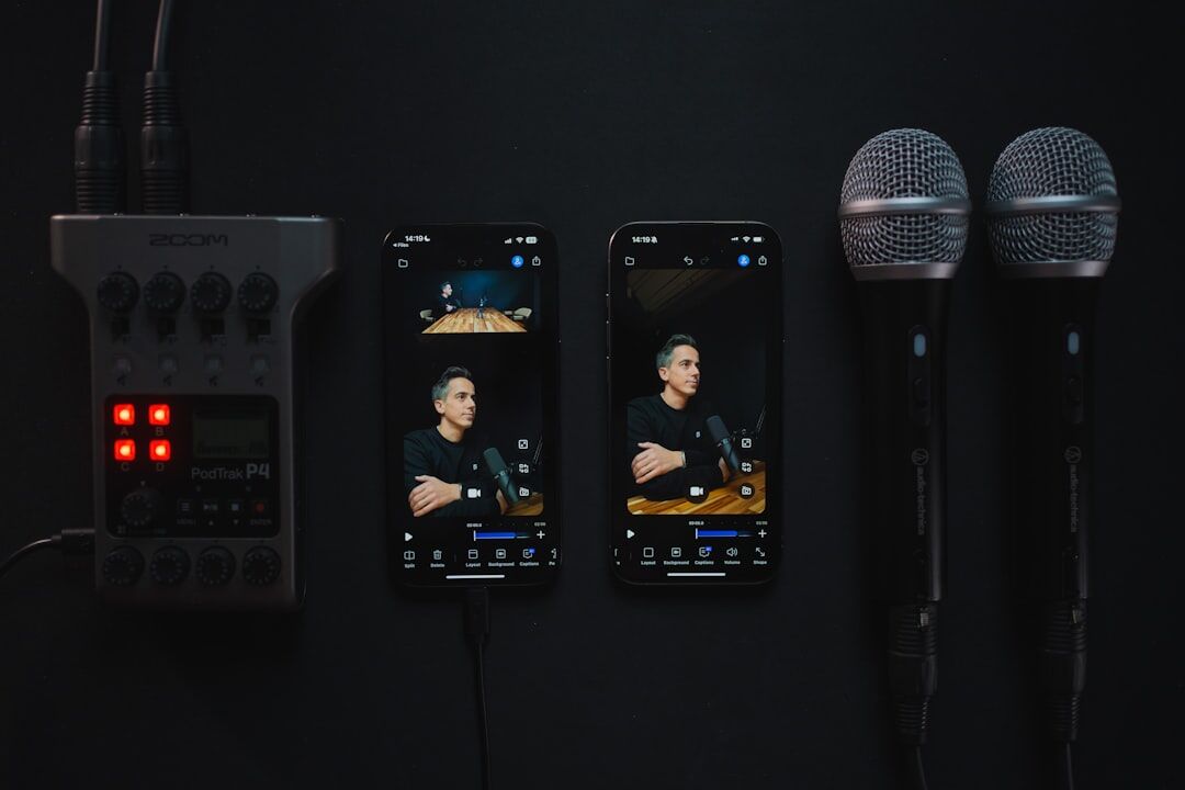 Professional interview setup with microphone and camera in a modern studio